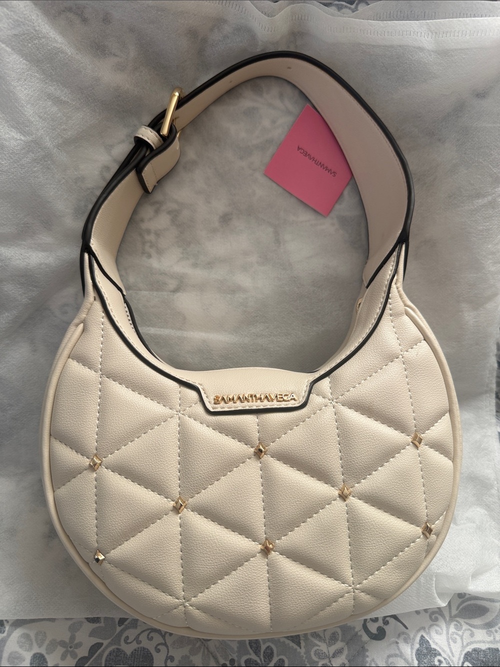 Samantha Thavasa Cream Quilted Crescent Shoulder Bag with Gold Accents